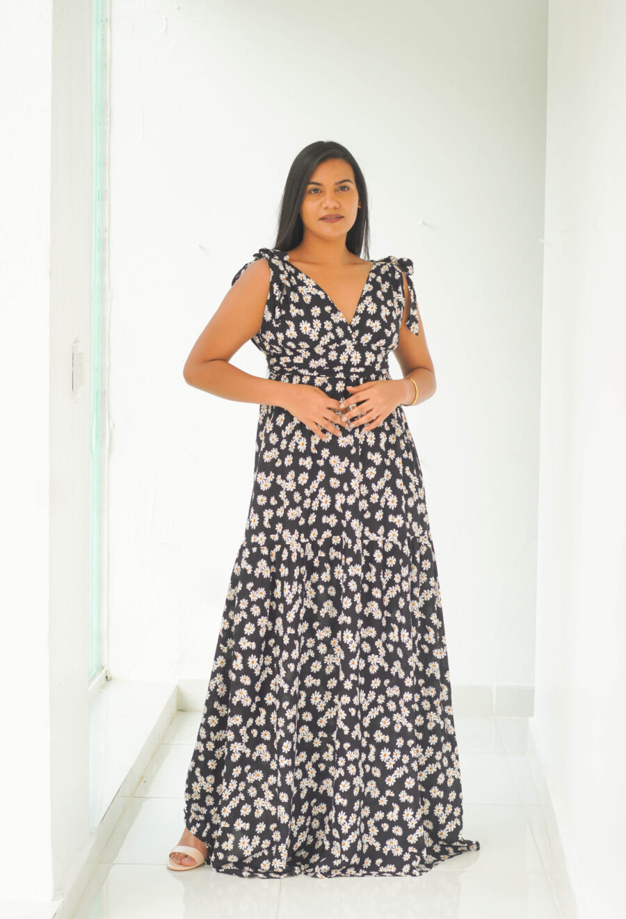 Vestido largo negro con estampado floral 309087 - Imagen 3