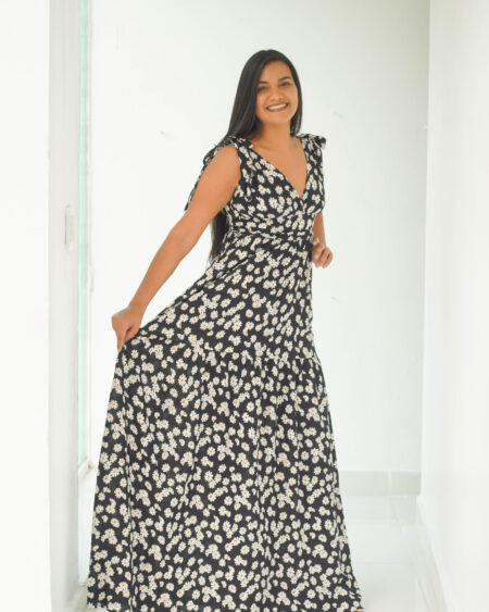 Vestido largo negro con estampado floral 309087