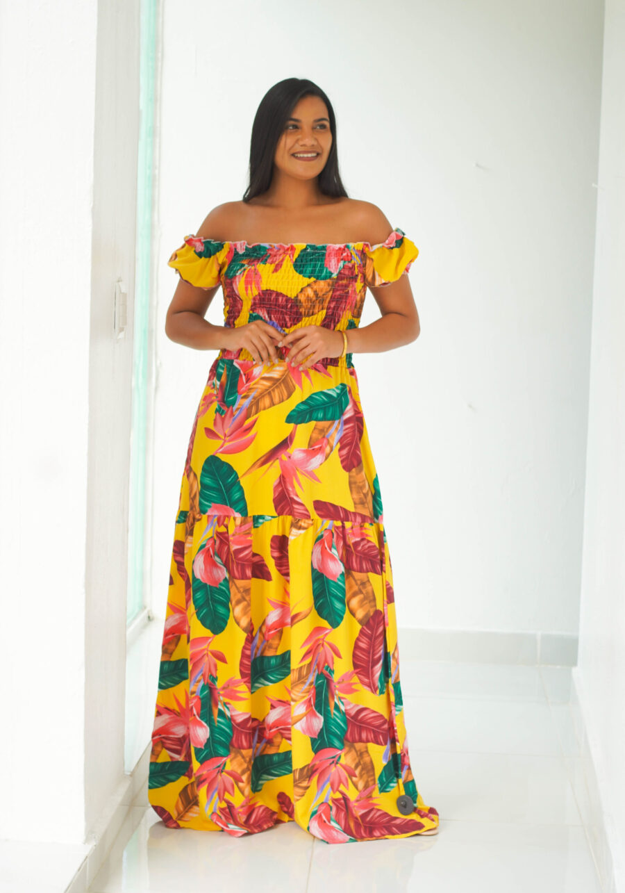 Vestido largo color amarillo con estampados tropicales 307365 - Imagen 3